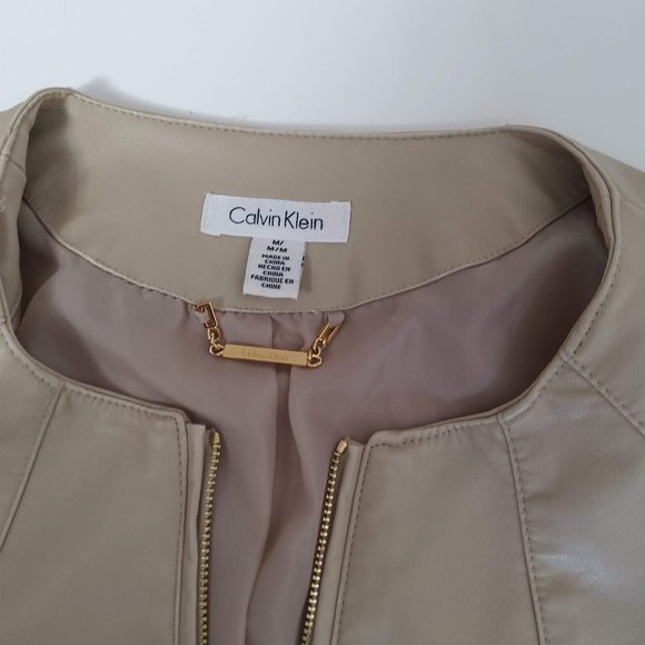 CALVIN KLEIN Faux Leather Jacket Light Beige Tan Cream size Medium - Picture 2 of 8